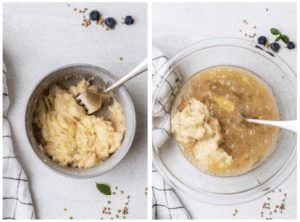 A bowl with mashed banana and a large bowl with a mixture of wet ingredients.